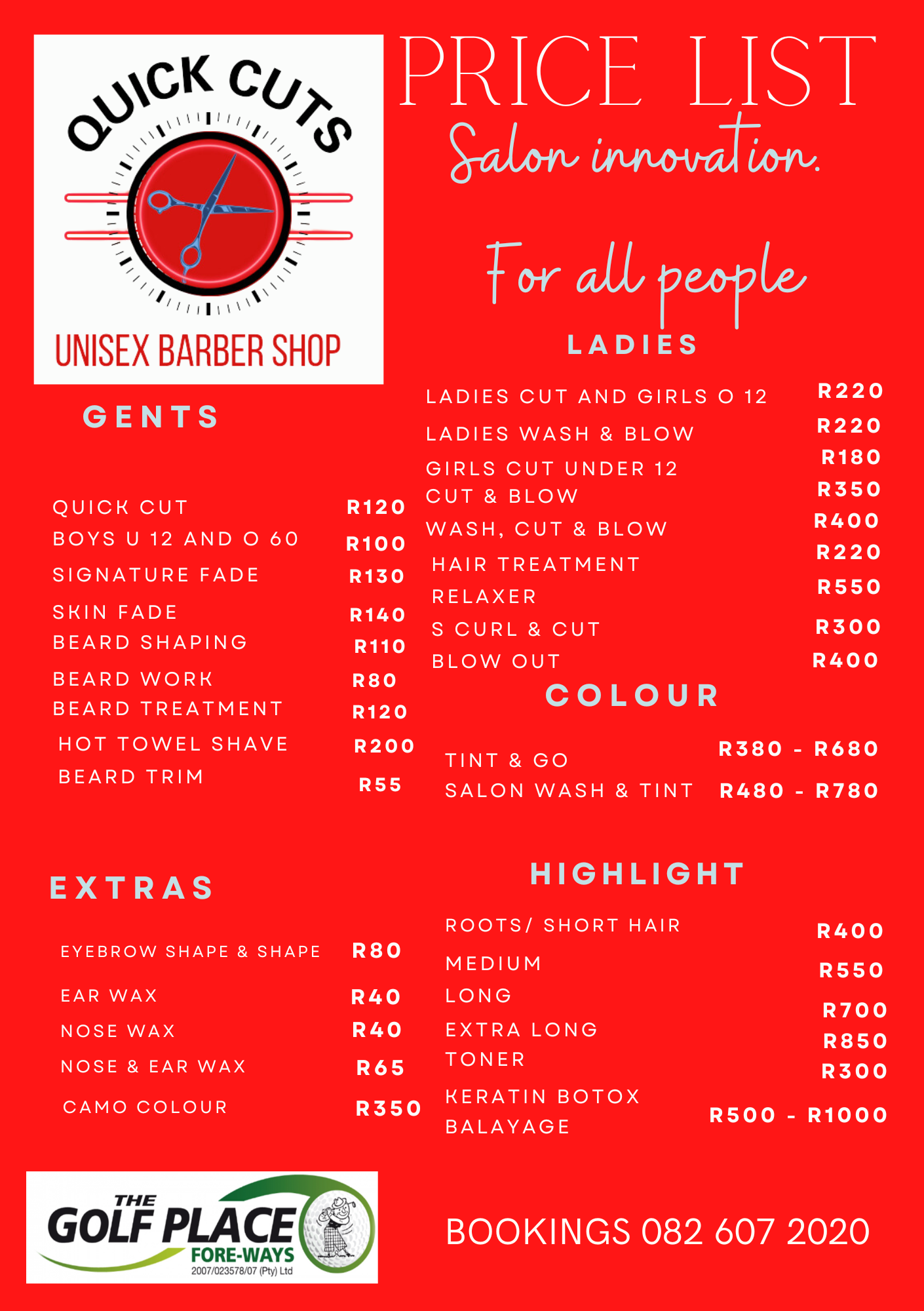Quick Cuts Price List